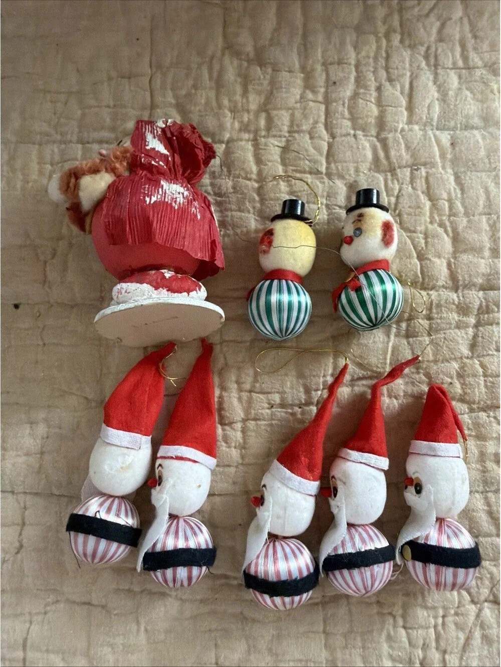 Vintage Christmas Lot Flocked Santa Snowman Ornaments Japan Kitsch MCM 1950s